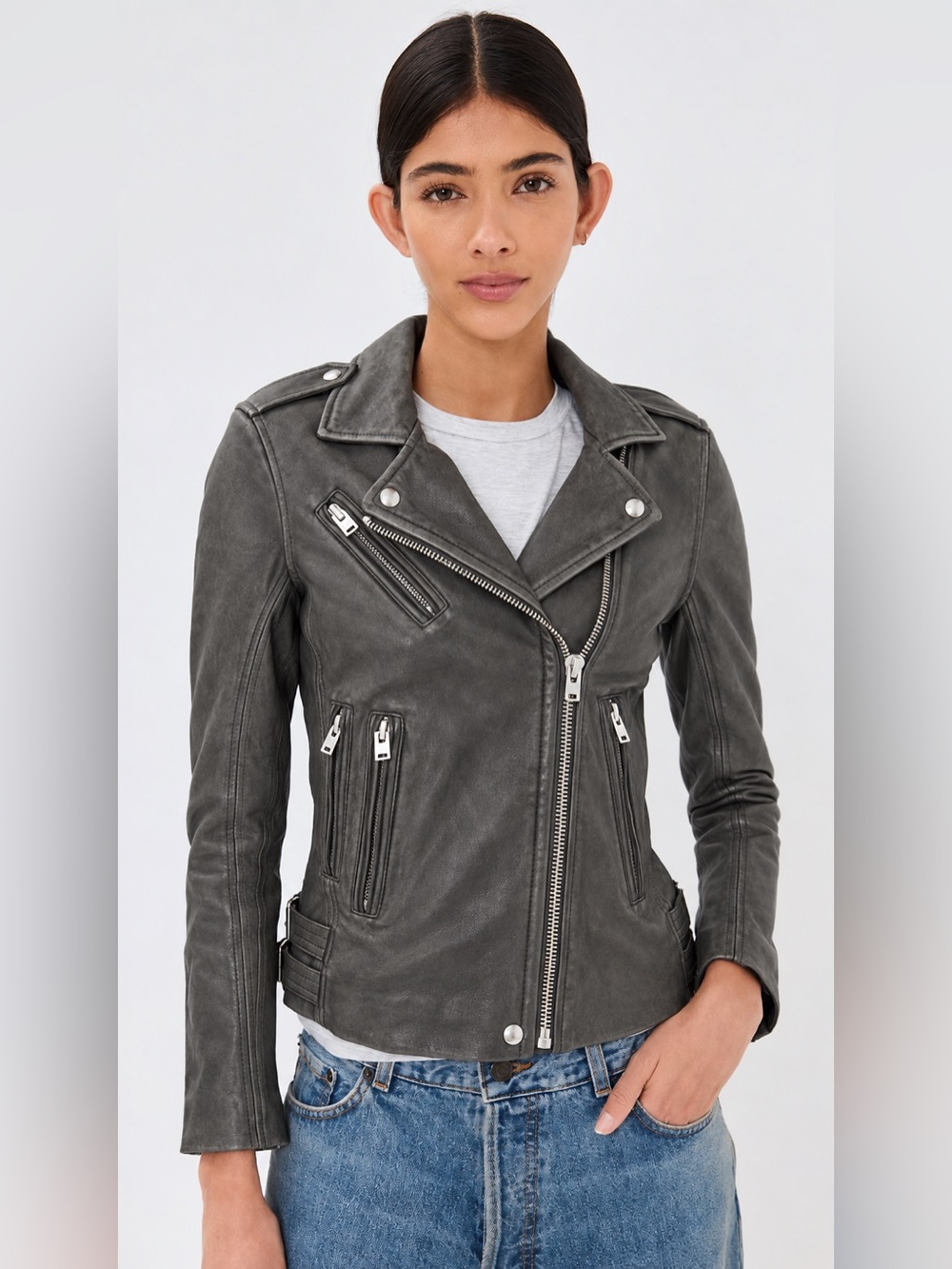IRO Han Lamb Leather Distressed Gray Moto Biker Jacket FR 38 US 6